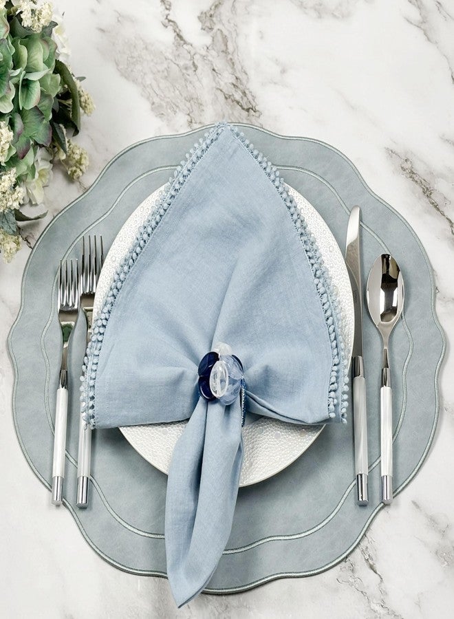 Bryonia Embroidered Scalloped Faux Leather Placemats Set of 4 - Soft, Wipeable Luxury Dinner Table Mats for Dining & Kitchen Decor, 17.25" x 15", Light Blue Gray - Image 2